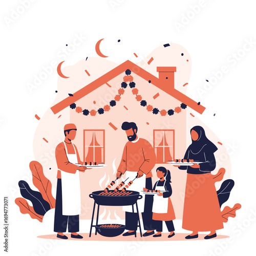 Family gathering around a barbecue grill at sunset celebrating together outdoors in the backyard