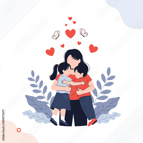 Celebrating the love and bond of a mother embracing her children with affection