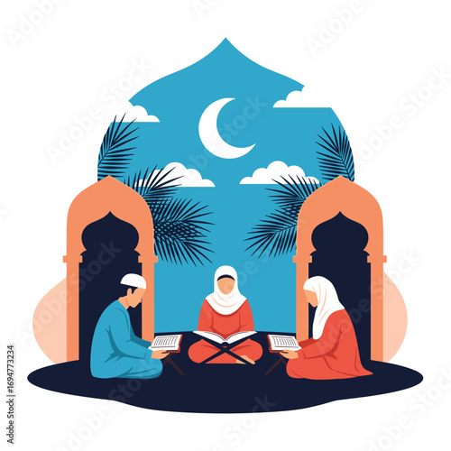Muslim family reading holy quran together under crescent moon sky