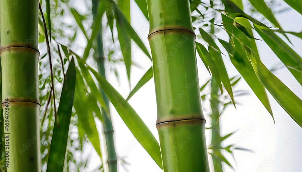Obraz premium Lush Green Bamboo Stalks and Leaves in Sunny Forest, Nature, Growth, Abstract, Zen.