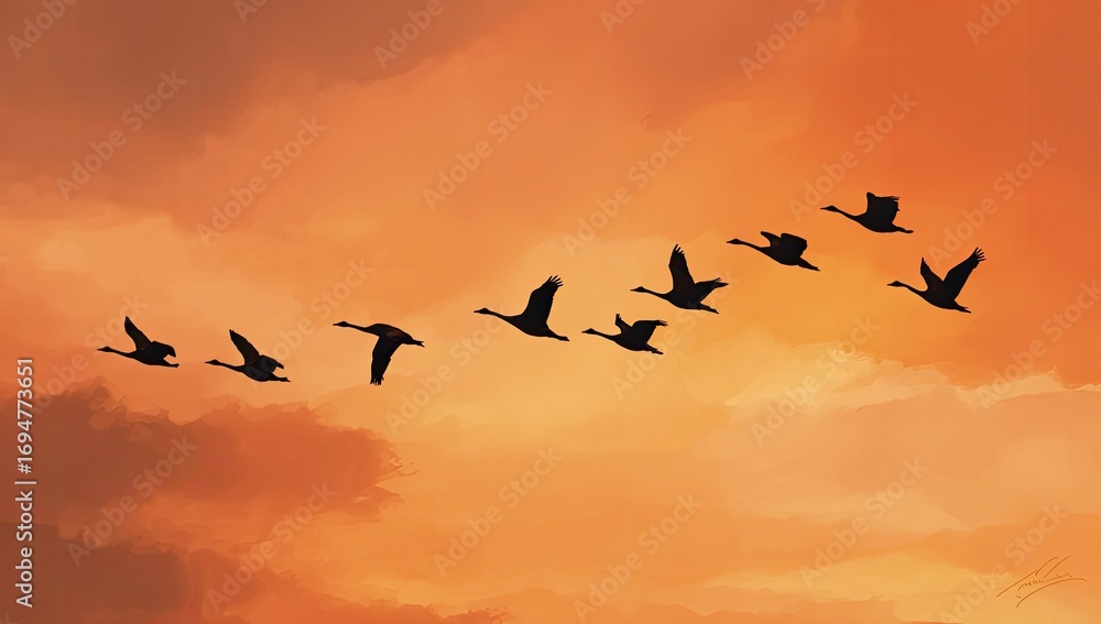 Obraz premium Silhouette birds in flight, sunset sky