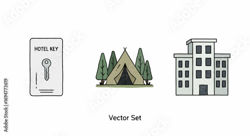 Vector Illustration Set Featuring Hotel Keycard, Camping Tent, and Building Facade for Travel, Hospitality, and Accommodation Design Projects