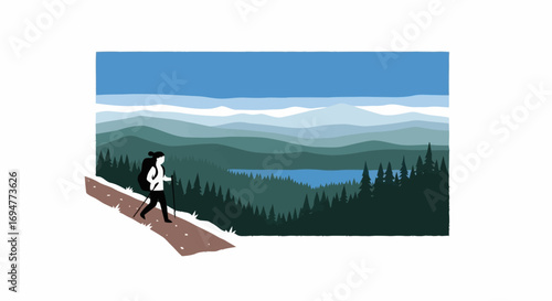 Minimalist Vector Illustration of a Hiker in a Serene Mountain Landscape for Adventure and Outdoor Lifestyle Imagery, Ideal for Tourism and Nature Based Designs