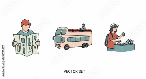 Travel and Tourism Illustration Set Featuring Sightseeing, Map Reading, and Souvenir Shopping, Ideal for Promoting Travel Agencies and Destination Guides