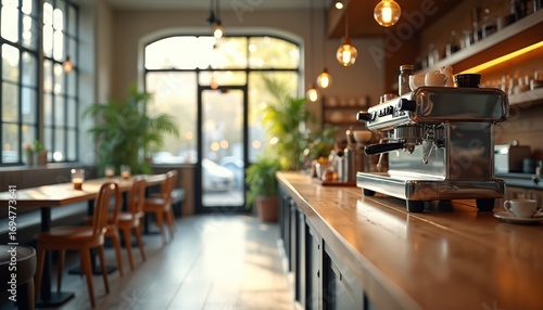 Fototapeta Naklejka Na Ścianę i Meble -  Modern coffee shop interior with espresso machine on wooden counter. Tables, chairs, plants create cosy atmosphere. Large windows offer blurred view of street. Ideal for cafe ambiance, relaxation.
