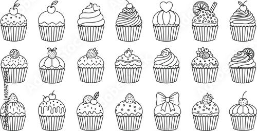 Collection of charming hand-drawn cupcakes, each with unique frosting and toppings