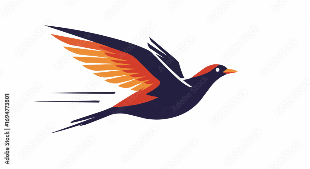 Fototapeta premium Stylized bird flying with orange wings on white background 