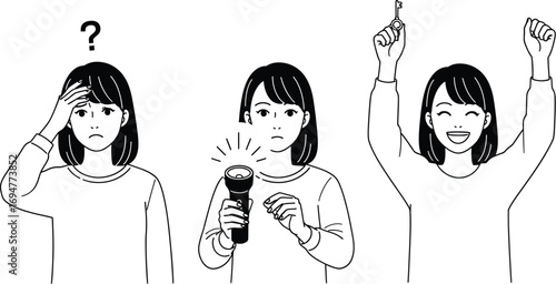 Woman experiences confusion, then finds a solution with a flashlight, leading to joy and success.