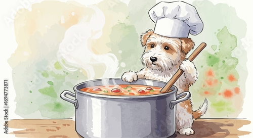 Cartoon dog cooking soup in a pot while wearing a chef hat  