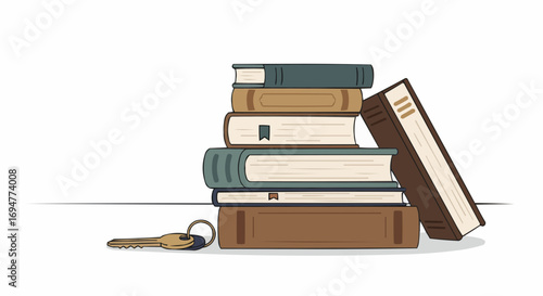 Stack of books with a vintage key on a white background  