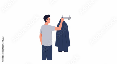 Man hanging jacket on rack in minimalistic indoor setting  
