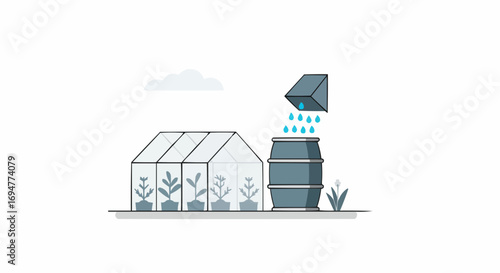 Greenhouse with water collection system and plants in sunny environment  