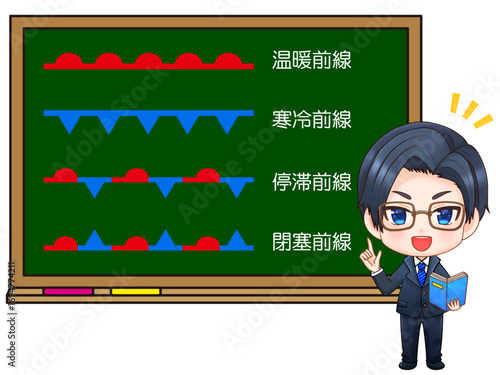 黒板で前線の説明をする男性教師のイラスト素材