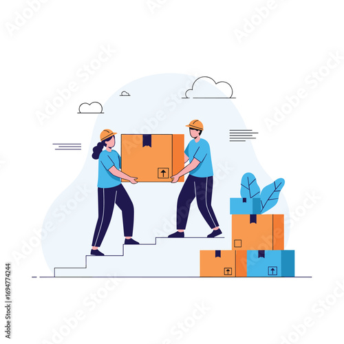 Two movers carefully carrying a large cardboard box up stairs surrounded by other packing boxes