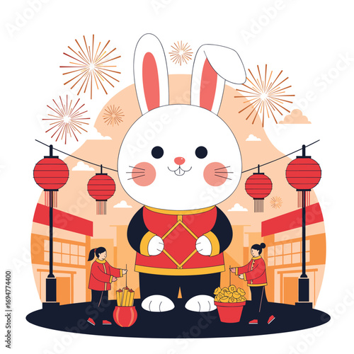Joyful celebration of chinese new year with a giant adorable rabbit character surrounded by festive decorations and fireworks