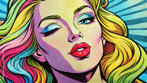 Colorful pop art illustration of a stylish woman winking  
