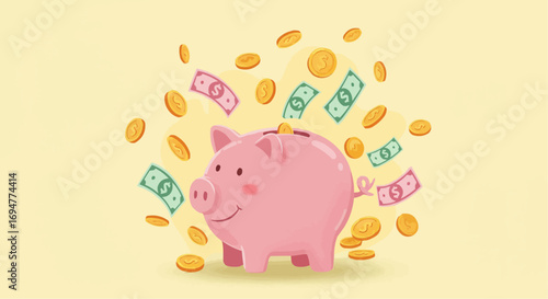 Cartoon piggy bank with money and coins raining from above  