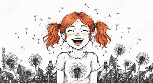 Girl with red hair smiling joyfully among dandelion flowers  