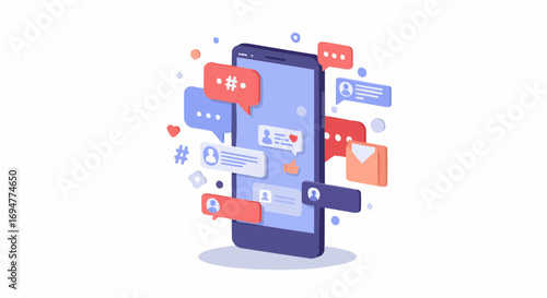 Mobile phone with social media notifications and messages in colorful style  