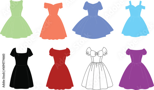 Collection of colorful and diverse women's dresses arranged for fashion display