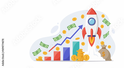 Financial growth concept with rocket, charts, and money symbols  