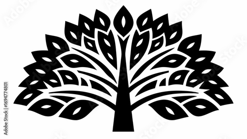 Stylized black tree with teardrop shaped leaves and branches on a white background in a symmetrical design