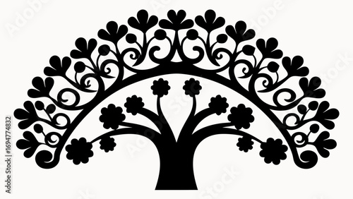 Stylized black tree silhouette with floral flourishes and rounded canopy design isolated on white backdrop
