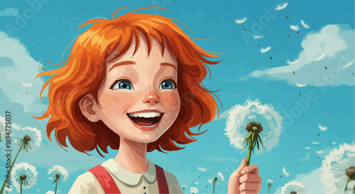 Happy young girl with red hair holding dandelion flowers outdoors  