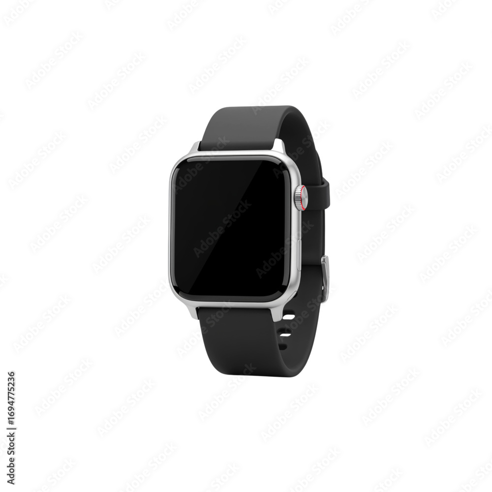 Modern smartwatch with sleek silver bezel and black band displaying a blank screen transparent background Modern smartwatch with sleek silver bezel and black band displaying a blank screen transparent background