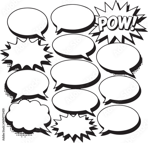 Collection of comic book speech bubbles and action words text box dialogue