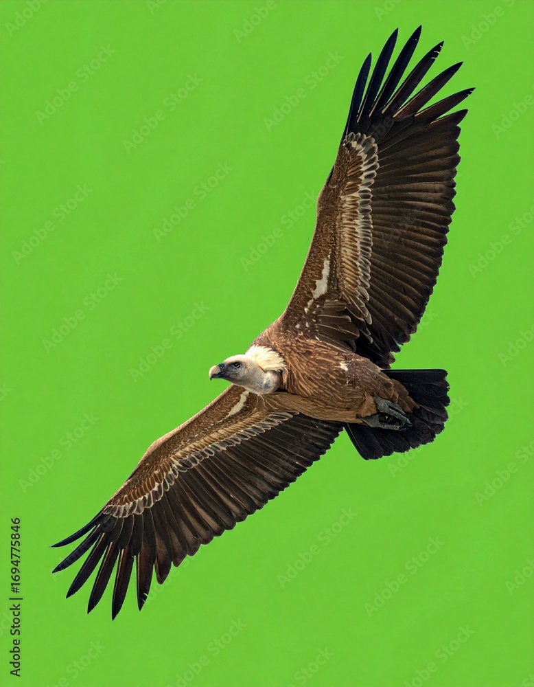 Obraz premium buitre leonado (Gyps fulvus) en primer plano, sobrevolando, con las alas extendidas y el plumaje detallado en tonos marrones y beige. Fondo completamente verde uniforme tipo chroma key