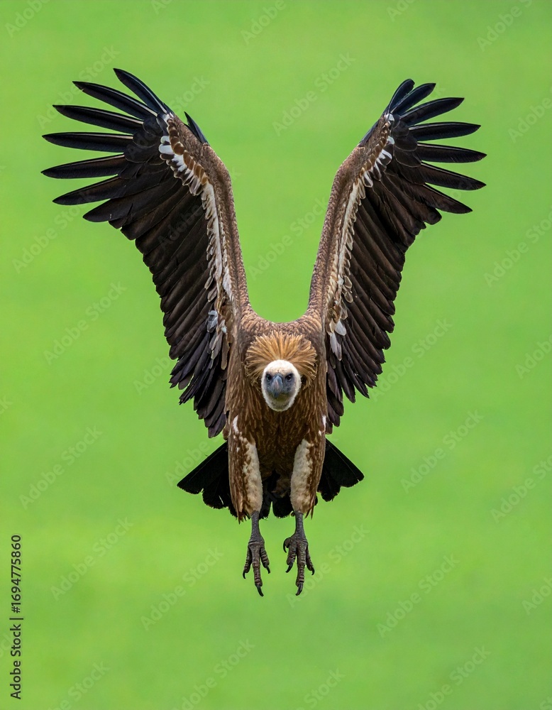 Obraz premium buitre leonado (Gyps fulvus) en primer plano, sobrevolando, con las alas extendidas y el plumaje detallado en tonos marrones y beige. Fondo completamente verde uniforme tipo chroma key