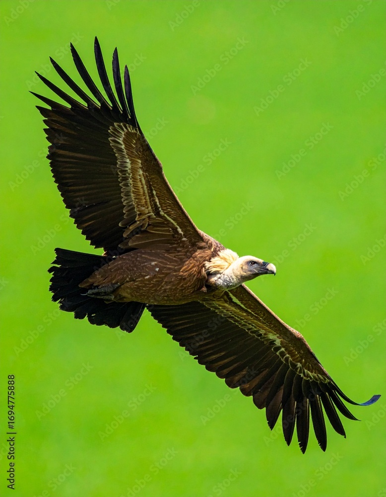 Obraz premium buitre leonado (Gyps fulvus) en primer plano, sobrevolando, con las alas extendidas y el plumaje detallado en tonos marrones y beige. Fondo completamente verde uniforme tipo chroma key