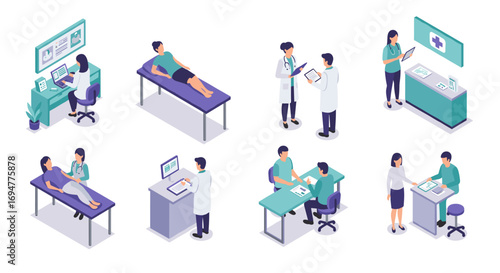 Modern healthcare isometric design illustrating medical interactions and digital technology