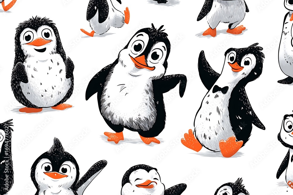 Naklejka premium A fun, vector illustration of penguins, each with unique poses and expressions, forming a whimsical pattern on a white background.