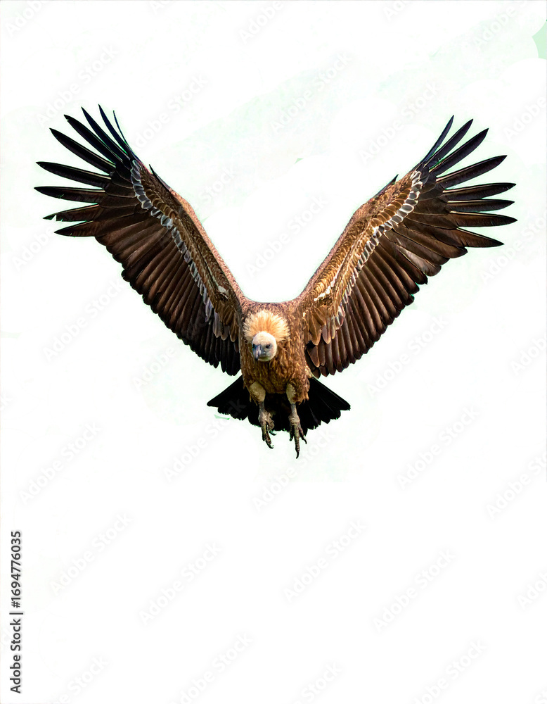 Fototapeta premium buitre leonado (Gyps fulvus) en primer plano, sobrevolando, con las alas extendidas y el plumaje detallado en tonos marrones y beige. La luz natural resalta la textura de sus plumas. PNG