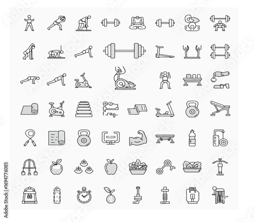 Clean linear health club vector symbols, a complete set of gym equipment and exercise activity pictograms, editable stroke.


