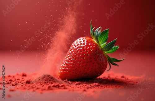 Macro photo shows fresh ripe strawberry with green leaf and stem. Red powder splashes around juicy berry. High antioxidants content, healthy food, summer freshness taste. Organic fruit.