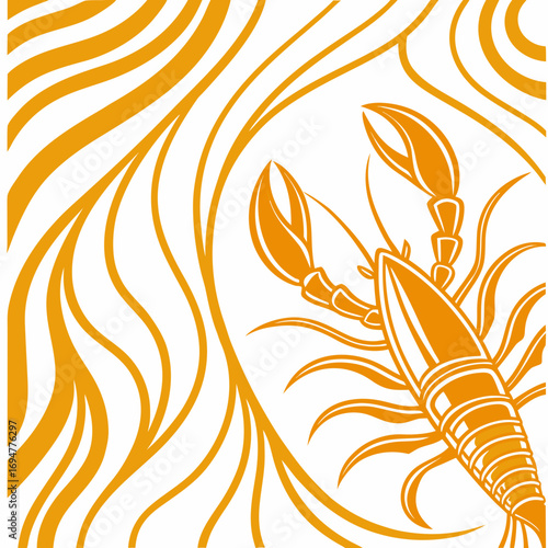 Vector art of orange lobster illustration, representing the zodiac sign cancer, with flowing abstract lines