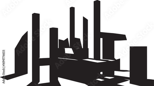 Bold black silhouette of an abstract architectural structure, a minimalist graphic representation of a deconstructed urban landscape with strong shadows