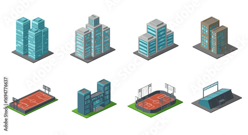 Isometric urban complex: modern buildings and sports facilities