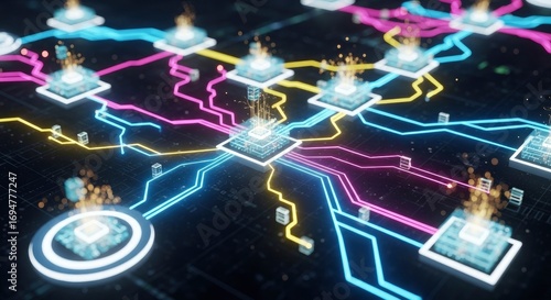Glowing neon data lines connect multiple active processing nodes on a dark grid-patterned surface showing intricate data streams