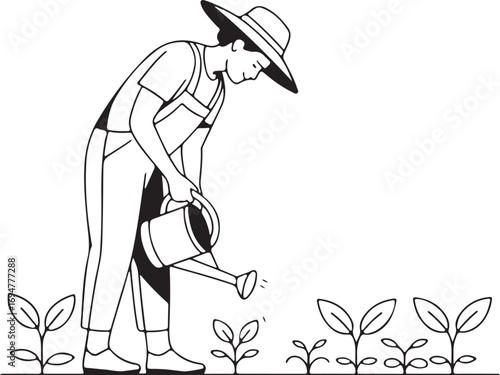 Minimalist line art farmer watering plants in a garden gardening seedlings