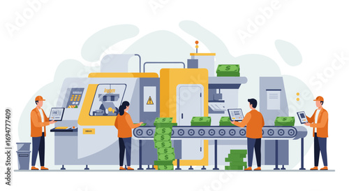 Modern automated factory with workers and cash production line