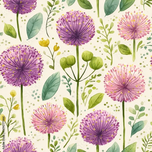 Watercolor Seamless Pattern Of Purple Allium Flowers And Green Leaves Illustration
