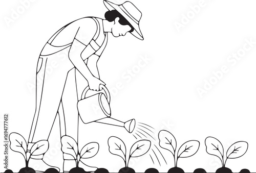 Minimalist line art farmer watering young plants in a garden illustration