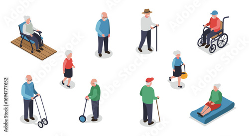 Isometric elderly people with mobility aids and activities