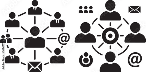 Business network communication concept with connected people icons, email and social media symbols showing teamwork, corporate collaboration and digital marketing links.