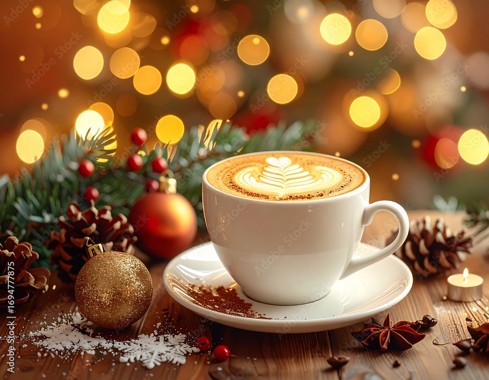 Fototapeta premium Festive Latte Art - A Christmas Coffee Scene.