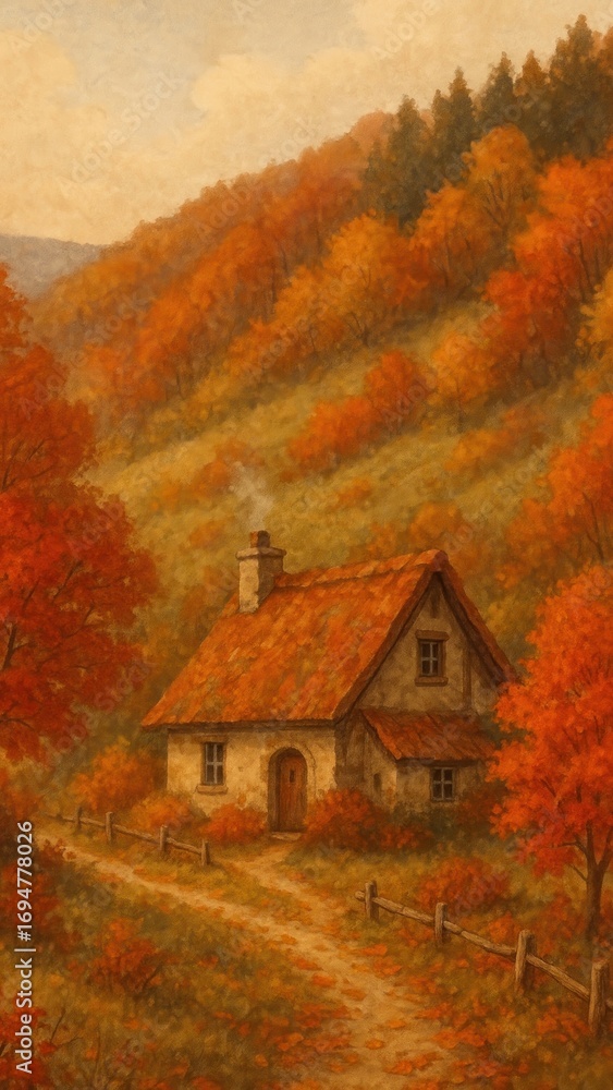Naklejka premium [cottage in fall hillside mobile wallpaper]